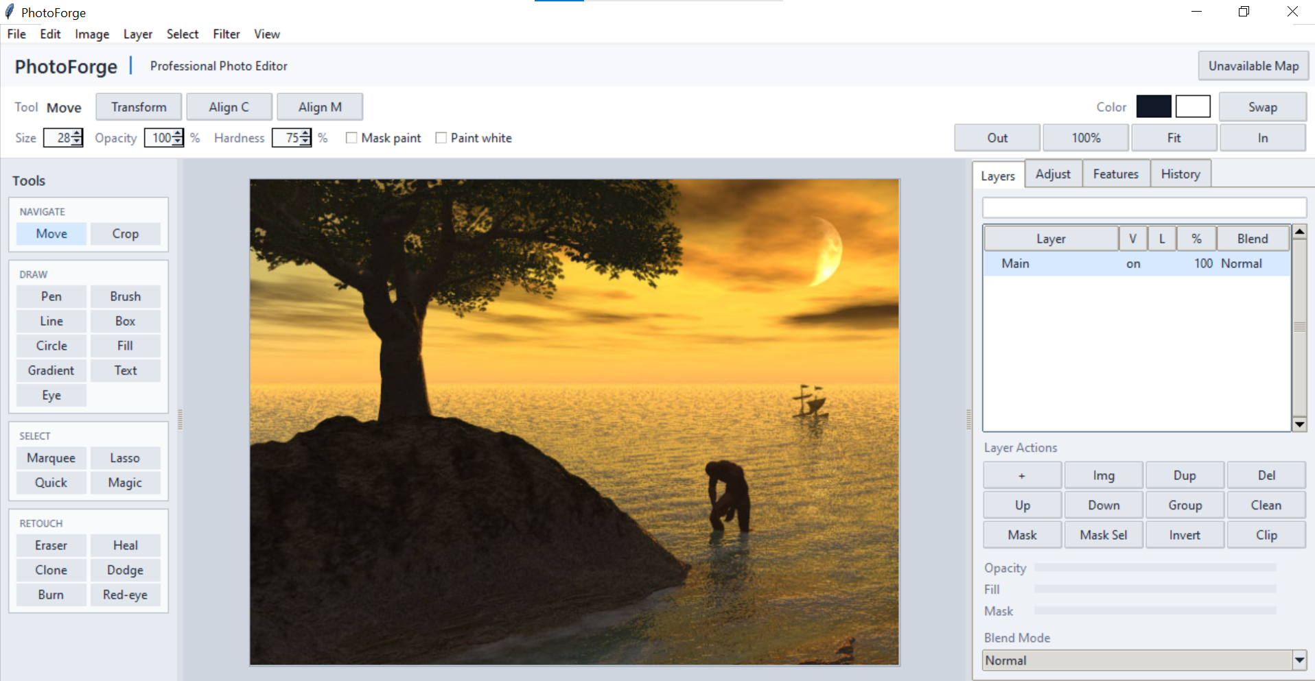 PhotoForge editing artwork with layers and tools