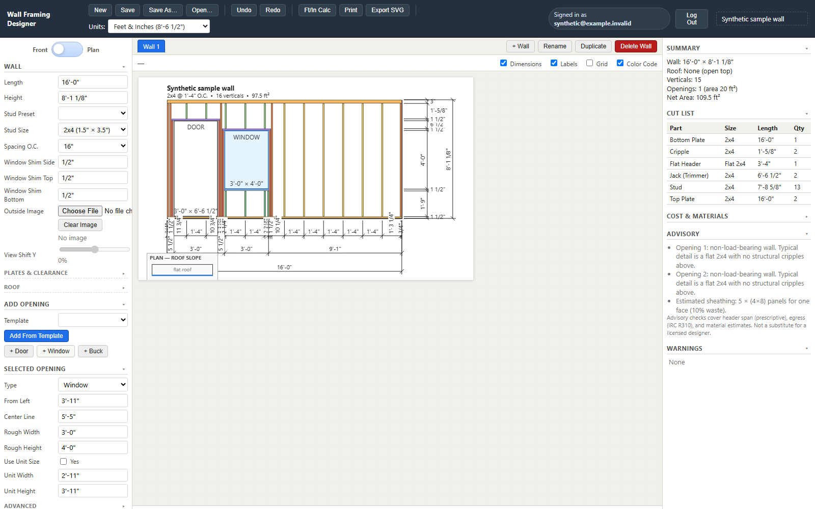 Wall Framing Designer front elevation with door and window openings